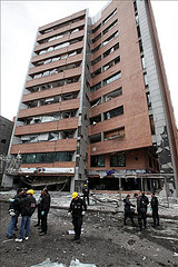 One of the buildings damaged by a car bomb in Bogotá on Thursday morning.
